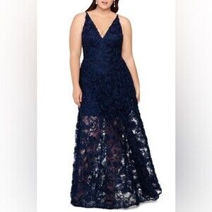 xscape 3D floral lace a-line maxi dress gown in navy